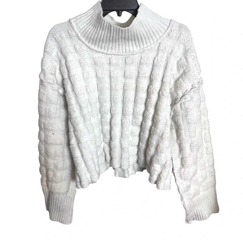 Free People Care FP‎ Soul Searcher Mock Neck Bohemian Sweater Squares Ivory XS